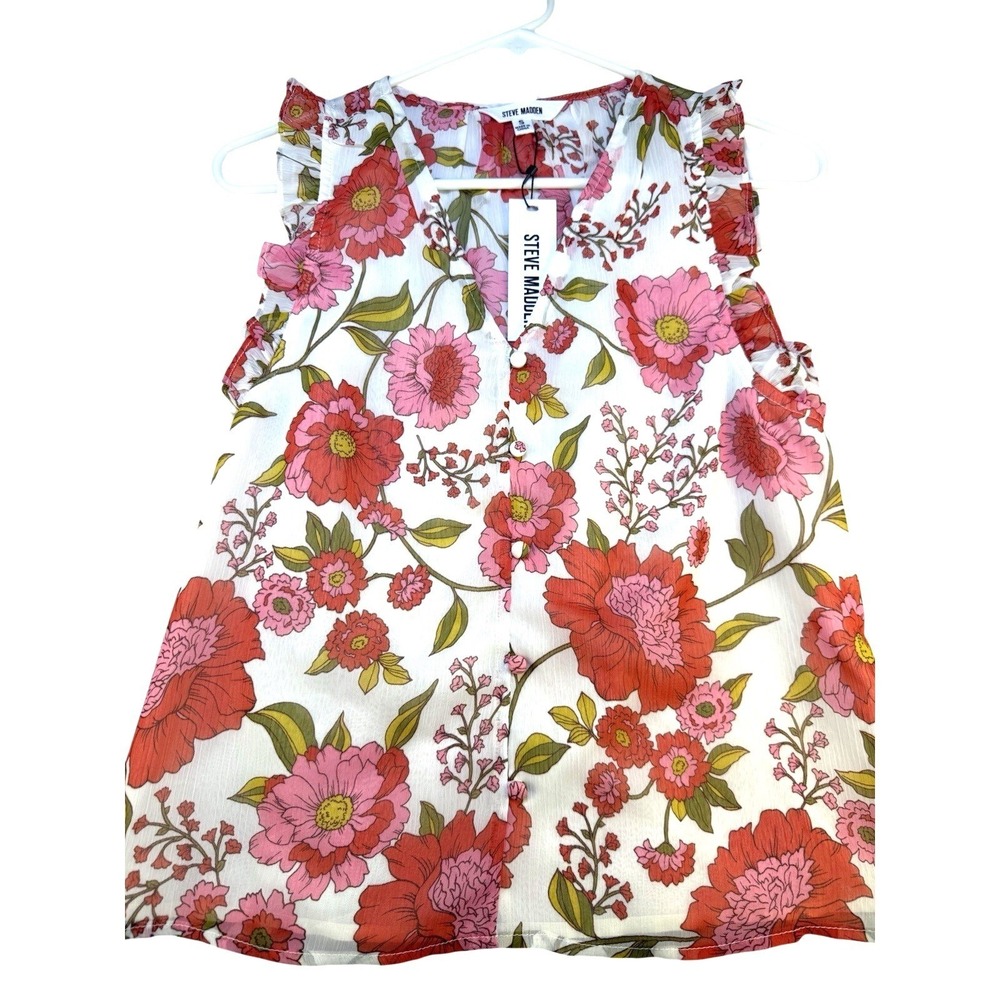 Steve Madden Floral Sleeveless Blouse Small Sheer Ruffle V Neck Button Front NWT